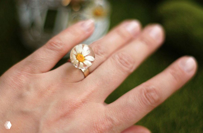 Крупный план кольца с круглым смоляным кабошоном, внутри ромашка; кольцо надето на палец на размытом зелёном фоне.