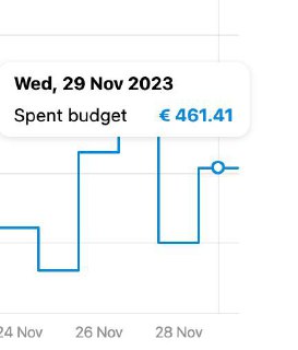 График расходов рекламной кампании за 29 ноября: подсказка показывает 'Spent budget €461.41', видно распределение бюджета по дням кампании.