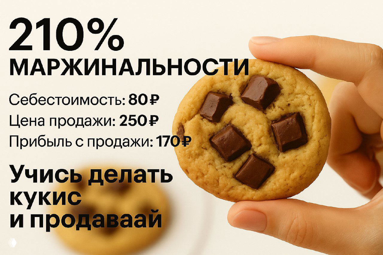 Рекламный креатив с печеньем: рука держит печенье на фоне текста «210% маржинальности», указаны себестоимость и цена продажи, визуал оффера.
