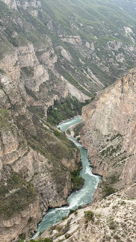 Вид сверху на глубокий каменистый каньон и извивающуюся бирюзовую реку в Дагестане; пейзаж отпуска автора, природная панорама.