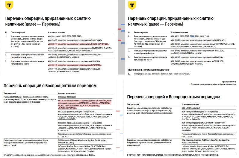 Т-Банк: MCC 6211 приравнен к снятию наличных