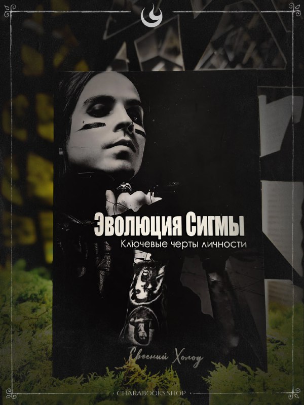 Обложка книги «Эволюция Сигмы» крупным планом: чёрно‑белый портрет, название книги и атмосферный эстетический оформленный фон в тёмных тонах.