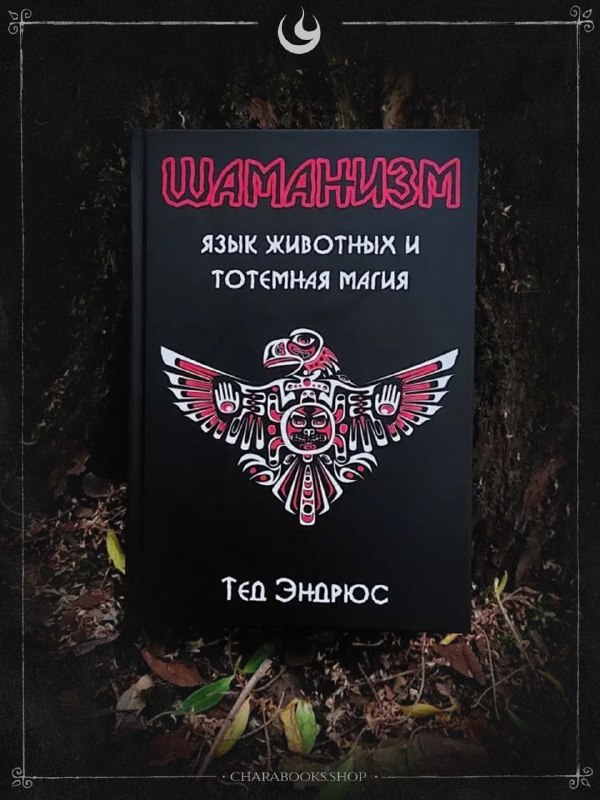 Фотография обложки книги «Шаманизм: язык животных и тотемная магия» Теда Эндрюса на лесной подстилке; чёрная обложка с тотемным орнаментом.