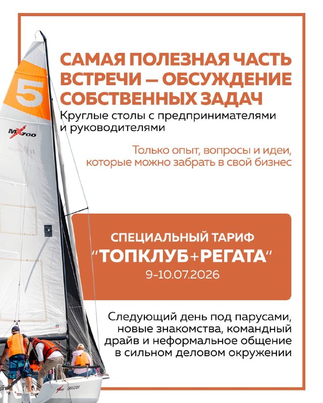 Информационный слайд о специальном тарифе 'ТОПКЛУБ + РЕГАТА' с иконкой паруса и кратким описанием второго дня под парусами.