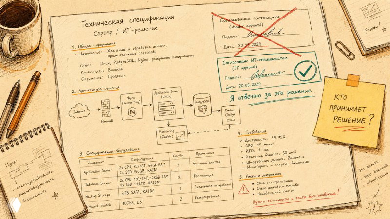 Тетрадь с набросками ИТ-решений, схемами и заметками; жёлтый стикер «Кто принимает решения?» — визуализация ответственности за ИТ.