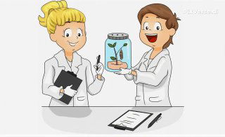 Иллюстрация: два улыбающихся учёных в белых халатах держат банку с растением над столом с бумагами — метафора обсуждения генетики и эпигенетики в развитии ребёнка.