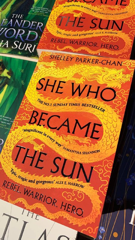 Несколько обложек на прилавке, включая 'She Who Became the Sun': плотная верстка, насыщенные цвета и видимые названия авторов на английском.