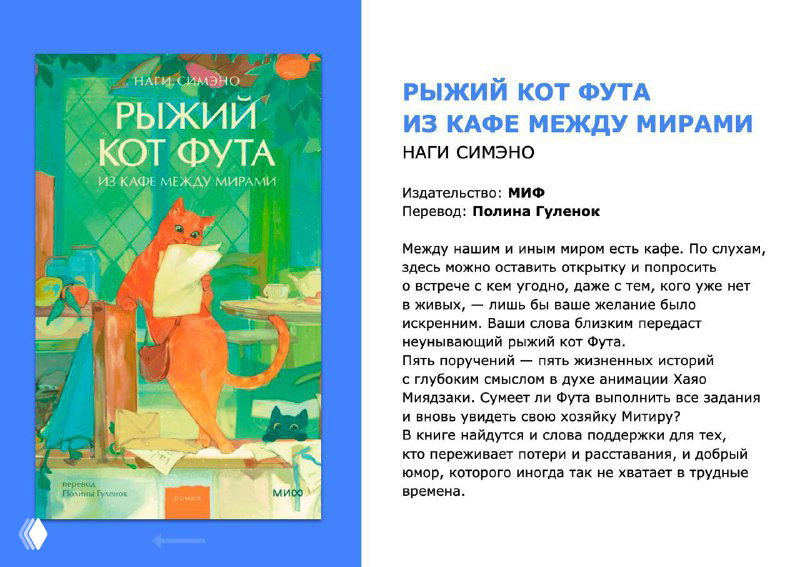 Страница с детской книгой «Рыжий кот Фута» на зелёном фоне: обложка, краткая аннотация и сведения о переводчике и издателе.