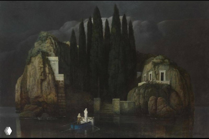 Тёмная версия «Острова мёртвых» с приглушёнными красками и мрачной атмосферой, типичной для символистской живописи Бёклина.