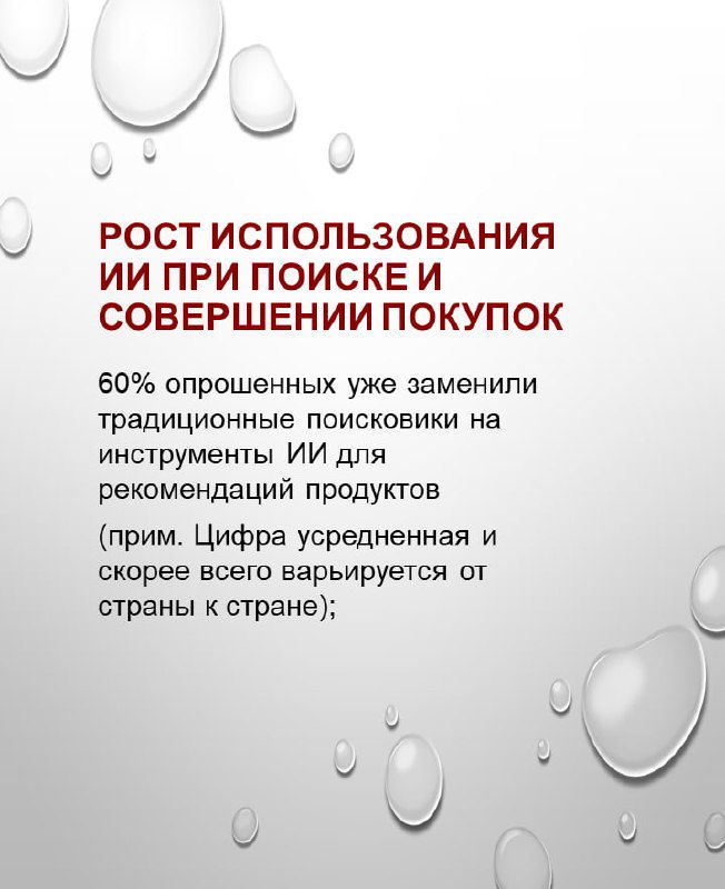 Слайд о росте использования ИИ при поиске и совершении покупок: упоминание замены традиционных поисковиков инструментами ИИ.