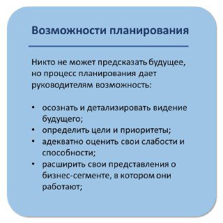 Слайд «Возможности планирования» о том, что планирование даёт руководителям шанс детализировать видение, определить приоритеты и оценить слабые стороны.