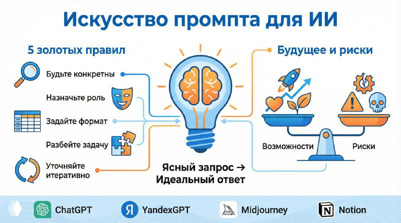 Инфографика: пять золотых правил промптинга (конкретность, роль, формат, разбиение на части, итерации) и блок с возможностями и рисками ИИ.