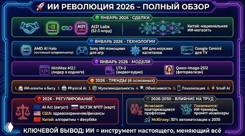 Инфографика «ИИ революция 2026» с хронологией сделок, моделей, продуктов и регуляций — обзор ключевых событий.