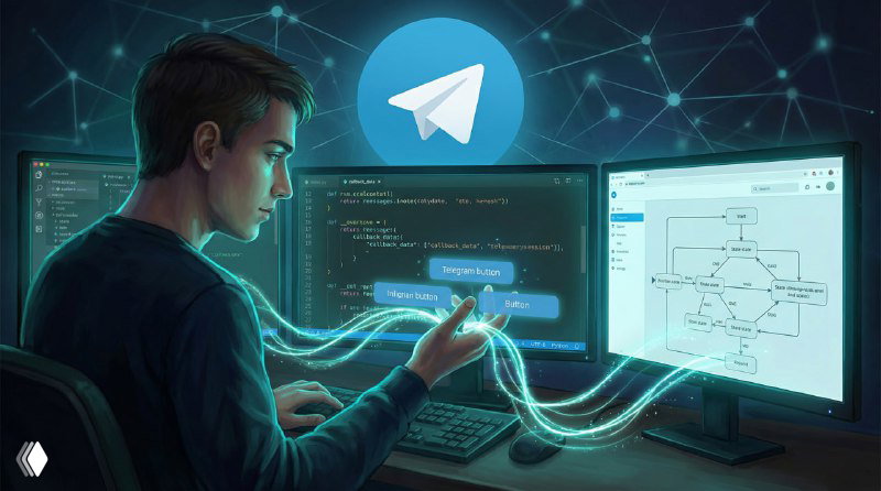 Разработчик за компьютером пишет код для Telegram‑бота; на экране — код и схема, над мониторами — логотип Telegram и цифровые линии связи