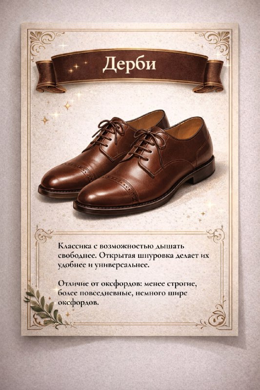 Тёплые дерби на винтажном фоне: открытая шнуровка, гладкая кожа и универсальный городской характер, подходящий к костюму.