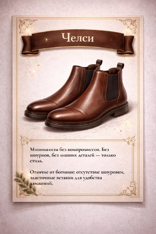 Челси в коричневом тоне: минимализм без компромиссов, без шнурков и с эластичными вставками, чистый современный силуэт.