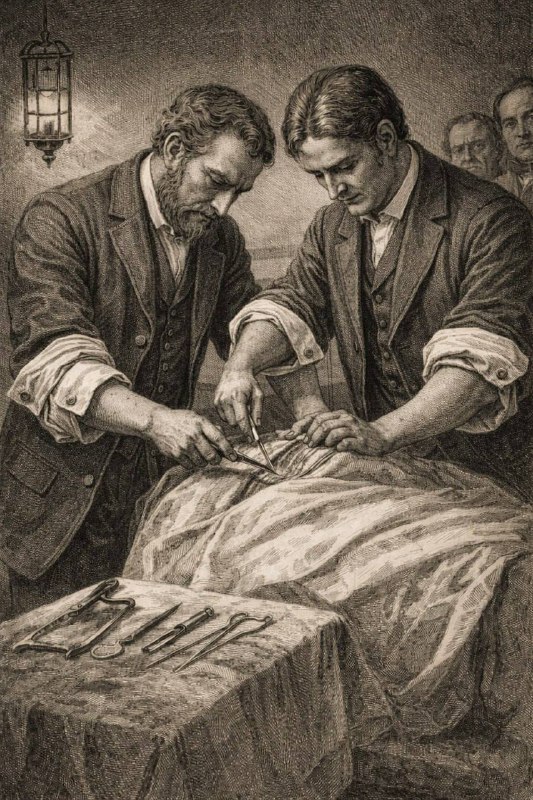 Старинная гравюра XIX века: врачи в пиджаках закатывают рукава и проводят операцию; на столе видны хирургические инструменты.