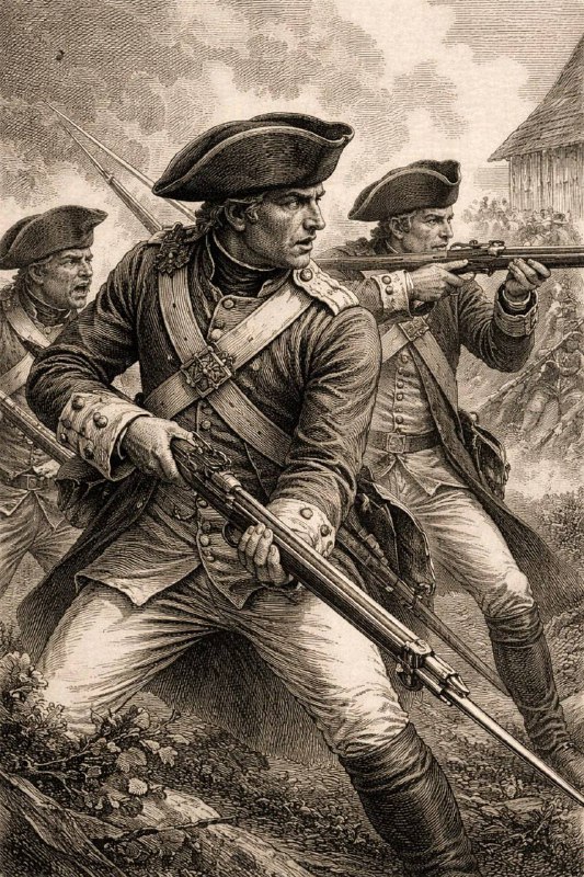 Иллюстрация военного сражения XVIII века: офицеры в мундирах с ружьями и мушкетами; исторический контекст появления пуговиц на мундирах.