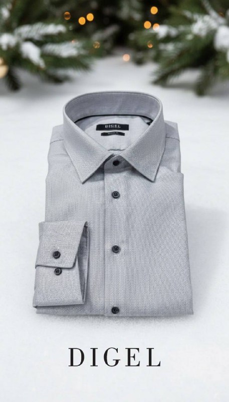 Серо-голубая мужская сорочка аккуратно сложена на снегу, позади — размытые праздничные огни и ветви ели, фирменный кадр коллекции DIGEL.
