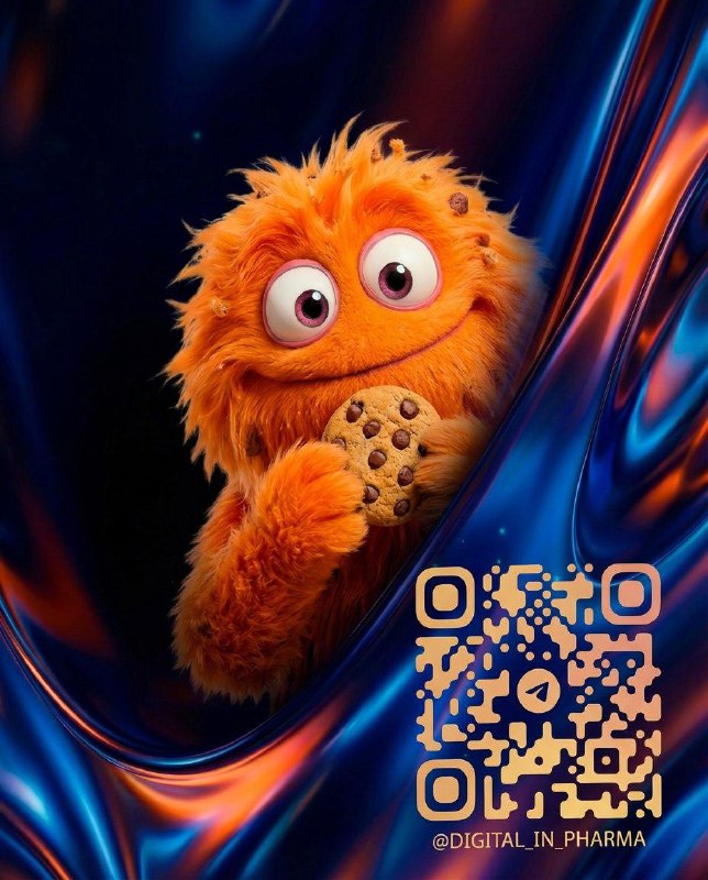 Фирменный визуал — оранжевый пушистый персонаж держит печенье на фоне абстрактных волн; в углу расположен QR-код для перехода на дополнительные материалы.