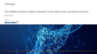 Слайд-обложка отчёта J.P. Morgan: абстрактный синий сетевой рисунок ДНК на тёмном фоне с заголовком, символизирующий медтех‑инвестиции и рыночные тренды.