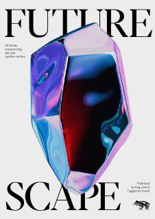 Обложка презентации Future Scape: крупный абстрактный блестящий кристаллоподобный объект на светлом фоне с заметной надписью FUTURE SCAPE, футуристический визуал.