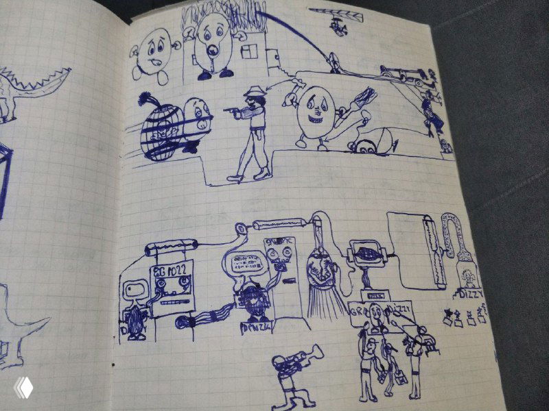 Страница с комиксами и зарисовками по игре DIZZY: персонажи, сцены и мелкие иллюстрации, выполненные синей ручкой в клетчатой тетради.