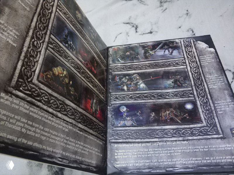 Крупный снимок разворота внутренней вставки Rune с полосами скриншотов из игры; видно оформление страниц, рельефность и иллюстрации.