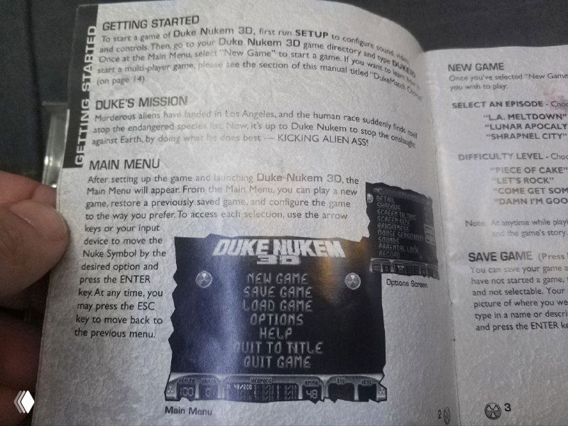 Страница мануала Duke Nukem: раздел Getting Started с изображением экрана игры и текстом о миссиях — крупный план инструкции для начала игры.