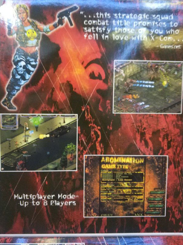 Крупный фрагмент разворота коробки Abomination с изображением персонажа, дополнительными скриншотами и небольшими блоками текста описания игры.