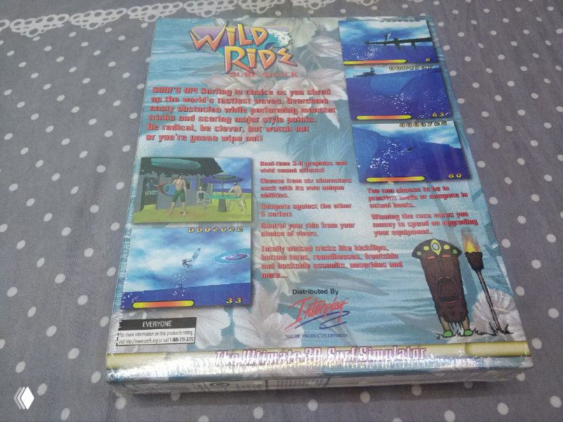 Обратная сторона коробки Wild Ride (1997) с описанием, скриншотами и логотипом Interplay; упаковка запаяна в плёнку.