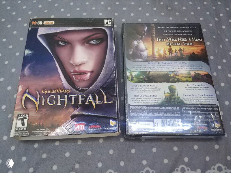 Две коробки Guild Wars: Nightfall — одна показана лицом, вторая повернута тыльной стороной; видна информация на обороте и упаковочная плёнка.