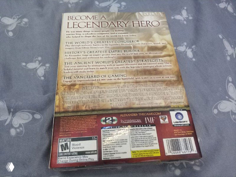 Задняя часть коробки Alexander с описанием, технической информацией и штрих-кодами — видно, что это коммерческое издание для коллекции.