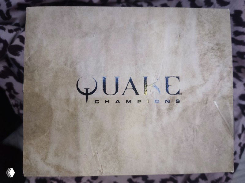 Верхняя часть коробки Quake Champions Scalebearer Edition с логотипом Quake на светлом фоне — видно общую текстуру коробки и оформление.