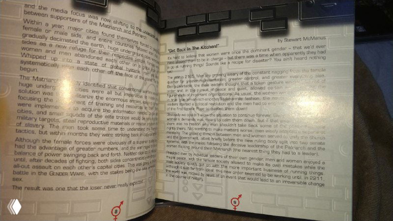 Ещё один разворот мануала Gender Wars: колонки текста на страницах, декоративные значки внизу и отражение вспышки на бумаге.