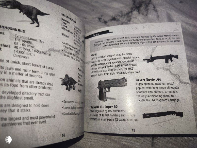 Страница мануала с описанием динозавров и перечнем оружия: видны силуэты динозавра, и иллюстрация Desert Eagle рядом с текстом описания.