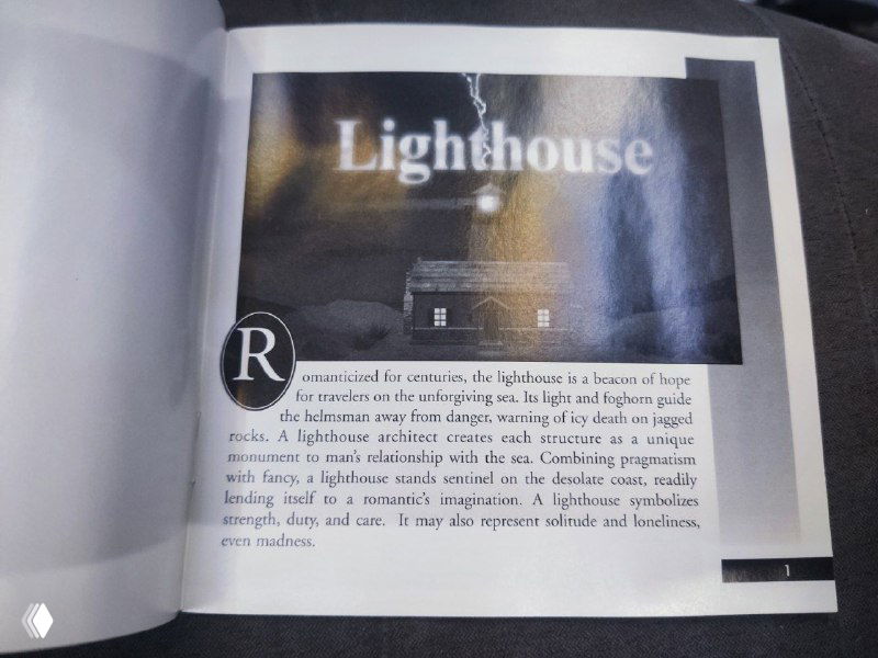 Разворот мануала игры Lighthouse: крупный заголовок и скриншот, текст о сюжете и атмосфере, страница оформлена в фирменном стиле 90‑х.