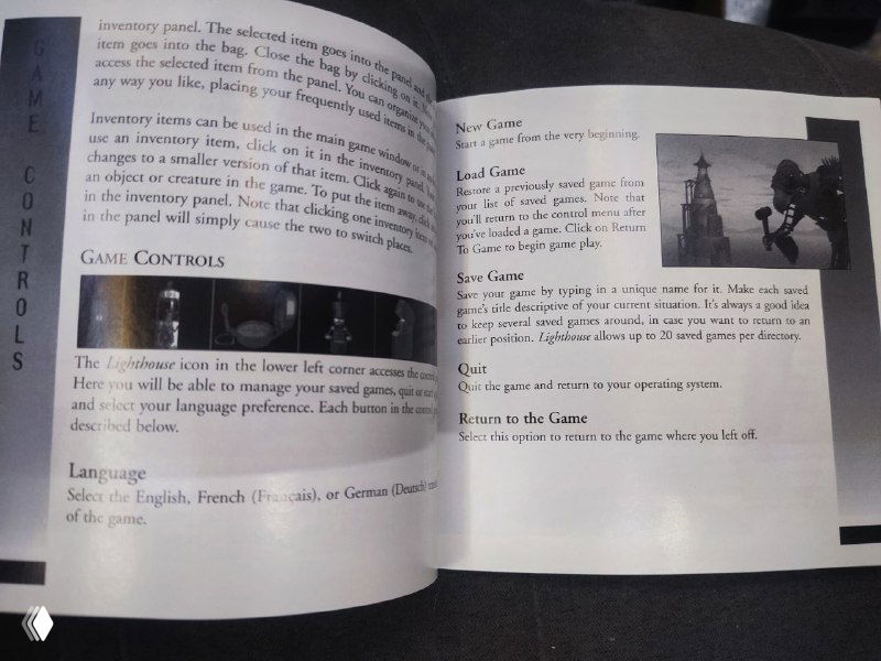 Страница руководства с описанием управления и скриншотами игры Lighthouse; видно блоки с подсказками и чёрно‑белые иллюстрации.