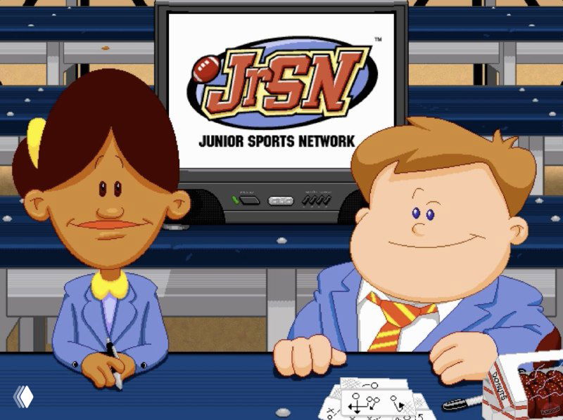 Цветной скриншот из игры Backyard Football: два мультипликационных ведущих за студийным столом, логотип JSN на экране позади них и пародийный персонаж справа.