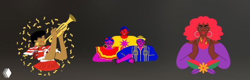 Яркие анимированные иллюстрации: трубач, группа и женщина с красными волосами — примеры новых стикеров Instagram для месячной кампании