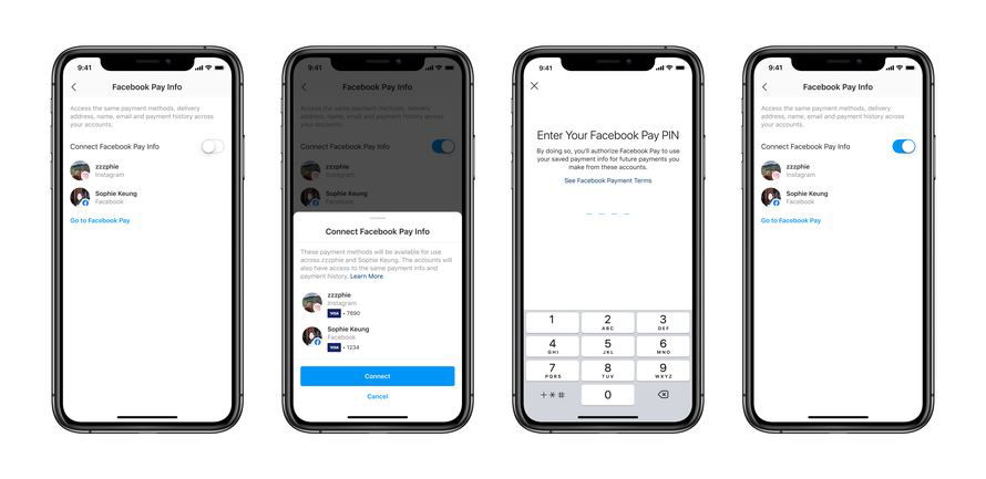 Процесс подключения Facebook Pay в Account Center: подтверждение, переключатели и экран ввода PIN при синхронизации платёжных данных.