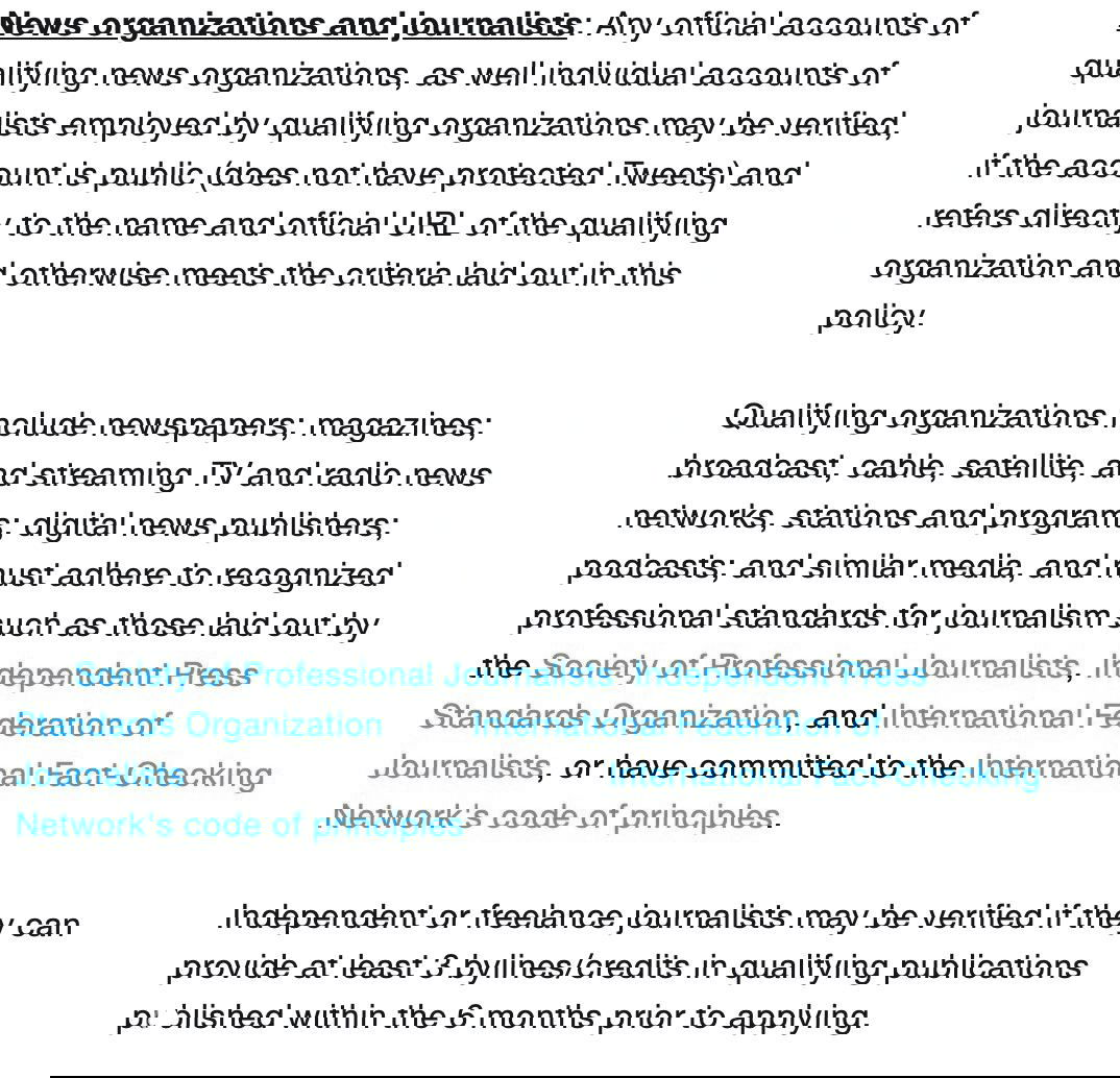 Отрывок из документа Twitter: блок про новостные организации и журналистов с перечислением требований — byline, ссылки на организации и стандарты журналистики.
