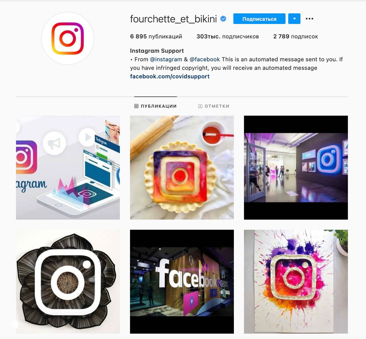 Скриншот поддельного профиля «fourchette_et_bikini» с названием «Instagram Support», синей галочкой и сеткой публикаций — визуал поддельного аккаунта.