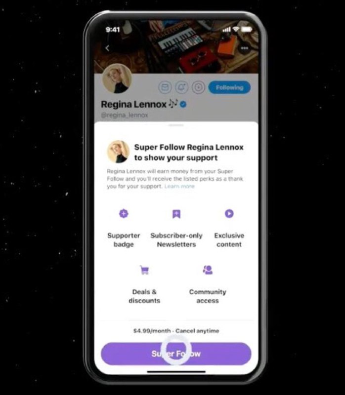 Экран смартфона с описанием подписки и paywall в Twitter: цена $4,99, опция эксклюзивного контента и кнопка оформления подписки видны на экране