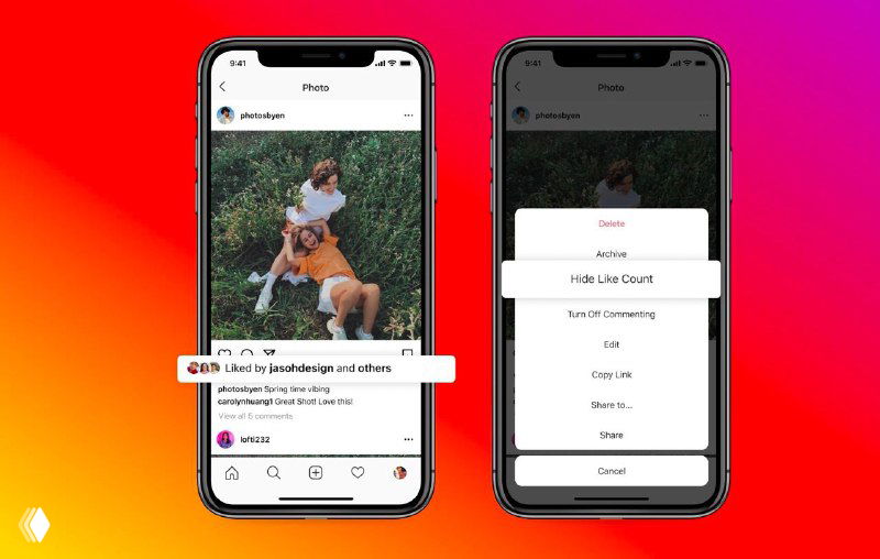 Скриншот поста в Instagram на телефоне: меню опций поста с пунктом скрытия счётчика лайков и всплывающей подсказкой у элемента интерфейса.