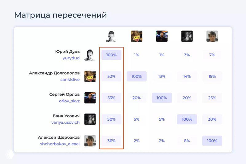 Матрица пересечений аудиторий: таблица с процентными перекрытиями между аудиториями гостей, лицами и аватарами, интерфейс отчёта YOLOCO.
