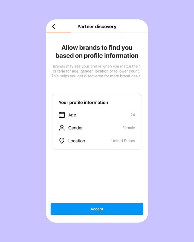 Скриншот окна Allow brands to find you с полями профиля (Age, Gender, Location) и кнопкой Accept на фиолетовом фоне.