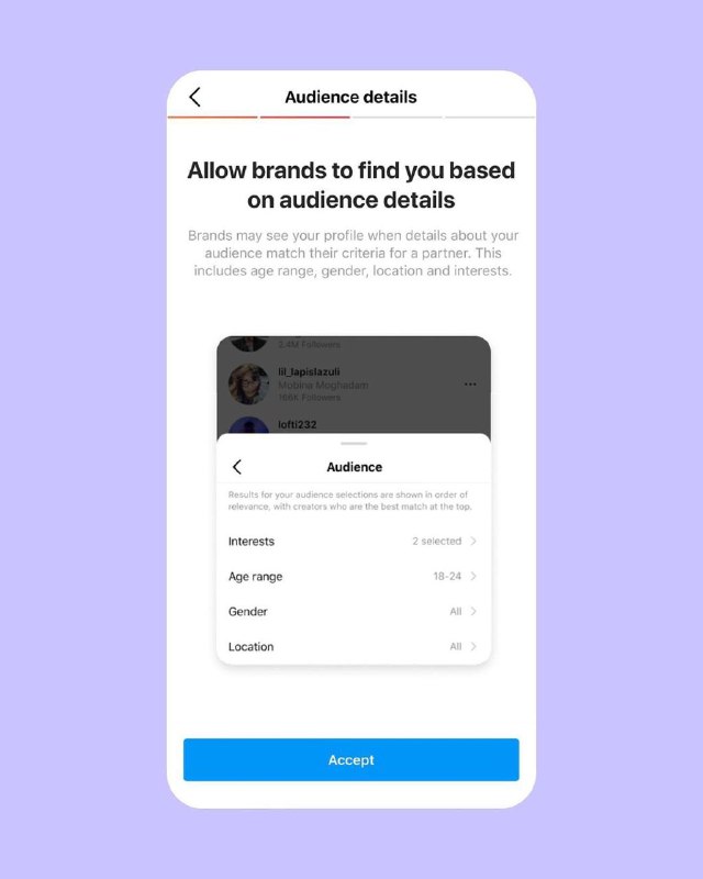 Скриншот Audience details: показаны данные аудитории (interests, age range, gender, location) и предложение позволить брендам найти вас.