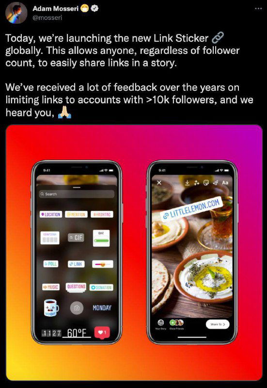 Стикеры со ссылками в Stories станут доступны всем