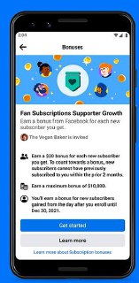 Скриншот мобильного экрана с карточкой бонусов Facebook Subscriptions: описание условий выплат авторам за привлечение новых подписчиков.